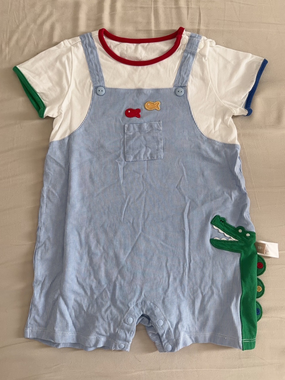 Blue Striped Crocodile Appliqué One-Piece for Kids
